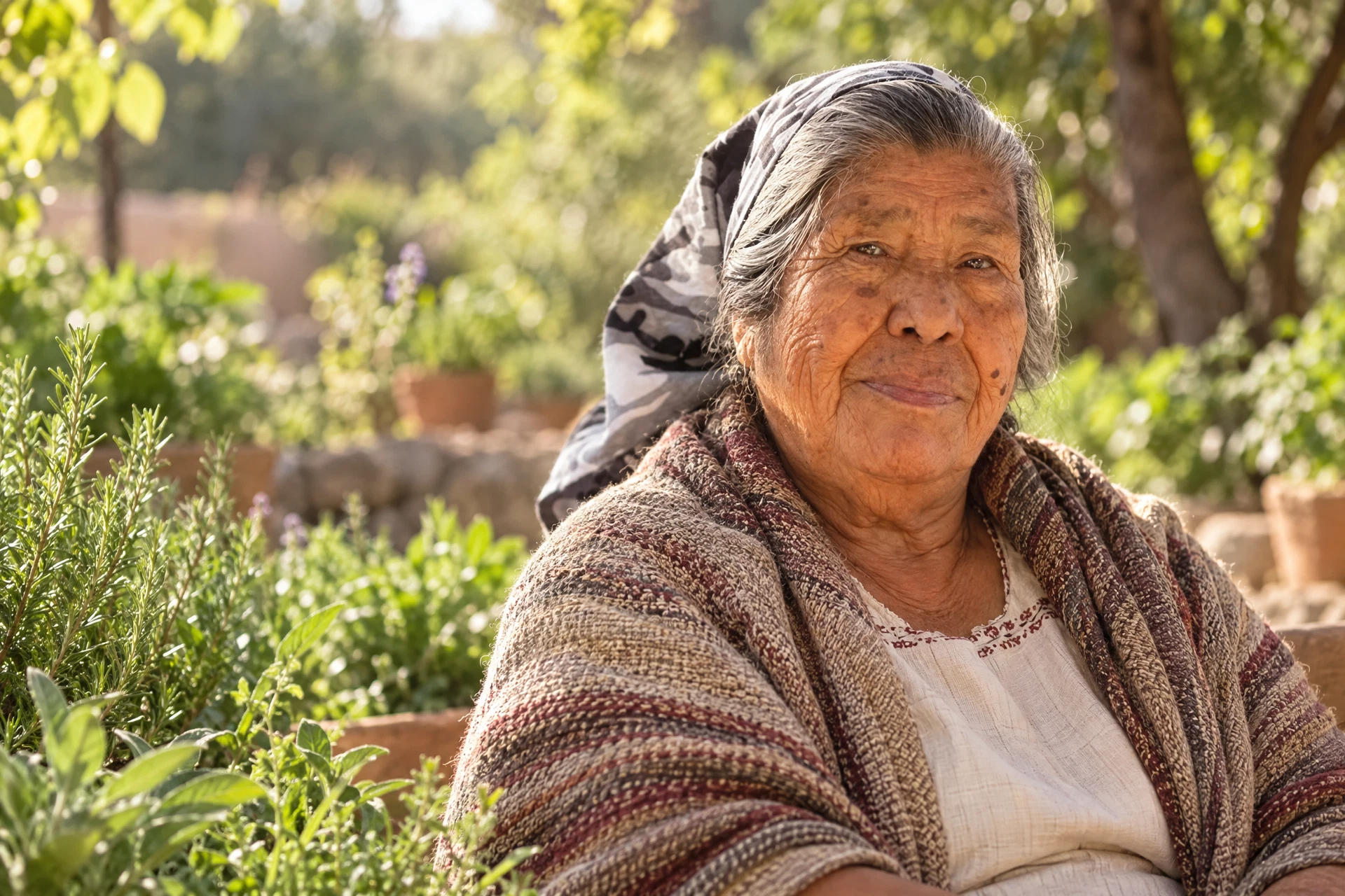 Petra en un jardín de plantas aromáticas, con luz natural cálida